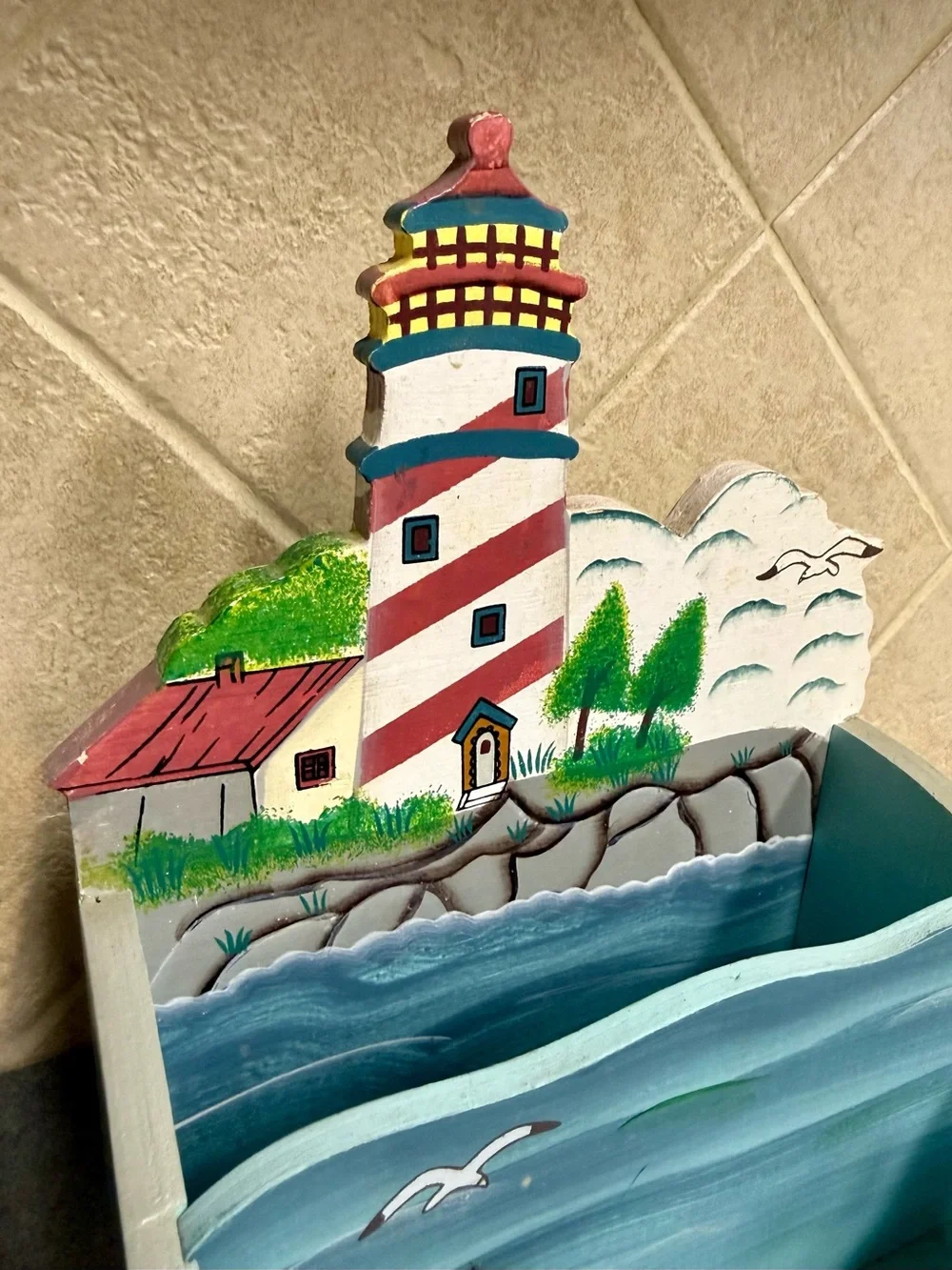 Vintage Hand-Painted Lighthouse Wooden Coastal Stationary Organizer